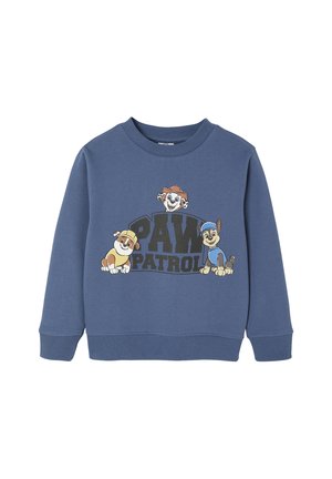 Blaues Sweatshirt mit einem grafischen Druck von drei Cartoon-Hunden und "PAW PATROL" in großen schwarzen Buchstaben. Rippbündchen an den Ärmeln und am Hals.