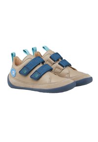Beige Leder Schuhe mit blauen Textil-Klettverschlüssen, Gummisohlen und einem hellblauen Tab an der Ferse. Mit einem grünen Eulenlogo.