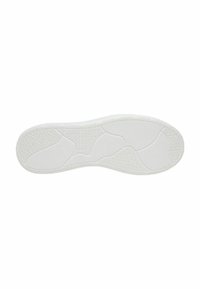 Semelle de chaussure en caoutchouc blanc avec un motif texturé et différentes sections en relief. Présence d'une marque en relief le long du bord. Forme lisse et profilée.