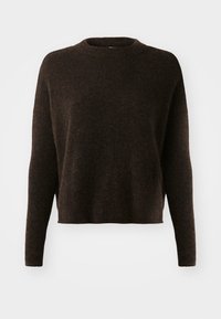 Brown, cropped sweater with a round neckline, long sleeves, soft texture, and a slightly fuzzy appearance. No visible patterns or hardware.