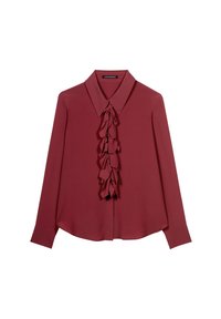 Maroon blouse with a classic collar, featuring a ruffled front detail. Made from smooth fabric, long sleeves, and a relaxed fit.