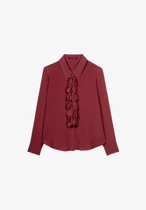 Bordeauxfarbene Bluse mit klassischem Kragen, die eine geraffte Frontpartie aufweist. Hergestellt aus glattem Stoff, mit langen Ärmeln und einer lockeren Passform.