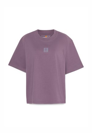 Purple crew-neck t-shirt made from cotton, featuring short sleeves and a small logo patch on the chest. Smooth texture, relaxed fit.