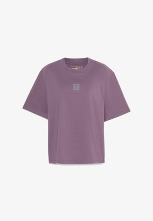 Purple crew-neck t-shirt made from cotton, featuring short sleeves and a small logo patch on the chest. Smooth texture, relaxed fit.