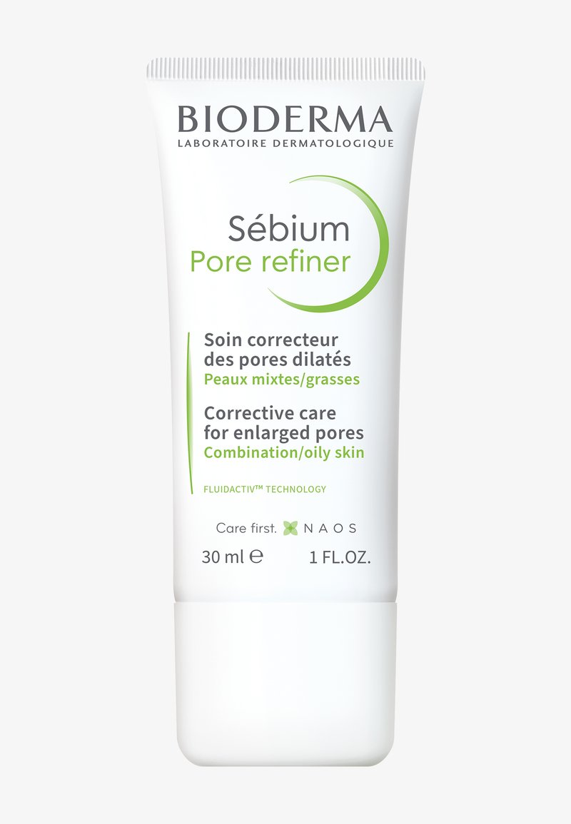 Bioderma Sébium Pore Refiner, tubetto bianco con accenti verdi, 30 ml, progettato per pelli miste/grasse, si concentra sui pori dilatati.
