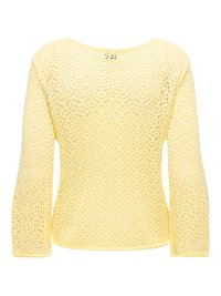 Pull en maille jaune clair à manches longues avec un motif en dentelle et un col rond, vu de dos.