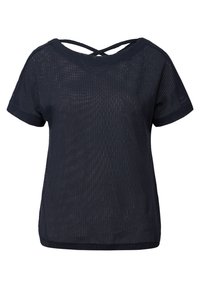 Top de manga corta azul marino con un patrón de punto texturizado, escote amplio y tirantes entrecruzados en la parte posterior. Ajuste casual con dobladillo recto.