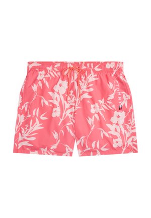 Růžové plavky s bílým květinovým vzorem, elastický pas, stahovací šňůrka a detail loga na straně. Hladká, lehká tkanina.