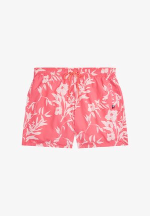 Costumi da bagno rosa con un motivo floreale bianco, vita elastica, chiusura con cordino e dettaglio del logo sul lato. Tessuto liscio e leggero.