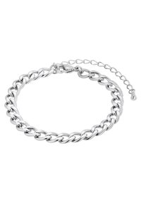 Bracelet en chaîne argentée avec des maillons lisses et entrelacés, un fermoir en mousqueton et une chaîne d'extension ajustable pour une adaptabilité de taille.