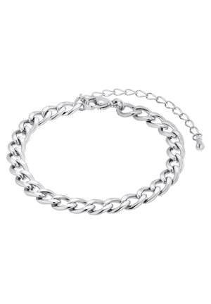 Pulsera de cadena de plata con eslabones lisos e interconectados, un cierre de langosta y una cadena de extensión ajustable para versatilidad en el tamaño.