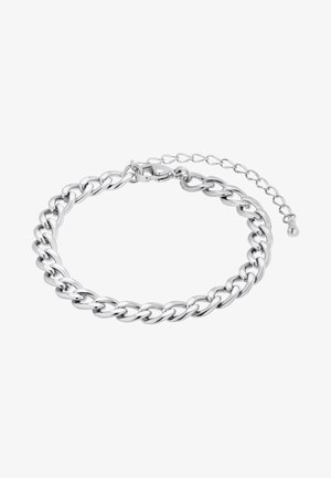 Sidabrinė grandinėlė ant riešo su lygiais, tarpusavyje susijungiančiais saitais, krabų tipo užsegimu ir reguliuojamu ilgio prailginimo grandinėle, suteikiančia dydžio pritaikomumą.