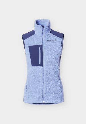 Hele sinine varrukateta fliisvest kõrge kraega, tumeda sinise õlaosadega, rinnatasku ja esikinnisega, rinnal "Norrona" logoga.