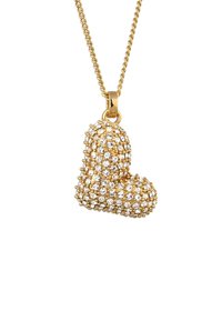 Guldhjärta hänge halsband smyckat med klara rhinestones, med en polerad kedja och texturerad yta för extra glans.