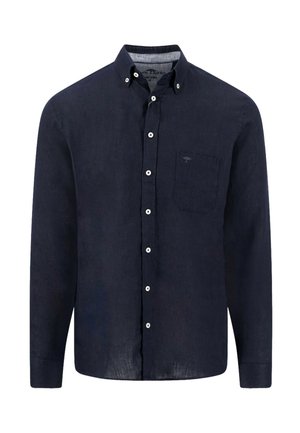 Herrenhemd mit langen Ärmeln in Marineblau, Knopfleiste, mit geknöpftem Kragen und Brusttasche, schlichtes Design, Frontalansicht.