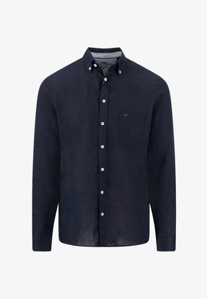 Herrenhemd mit langen Ärmeln in Marineblau, Knopfleiste, mit geknöpftem Kragen und Brusttasche, schlichtes Design, Frontalansicht.