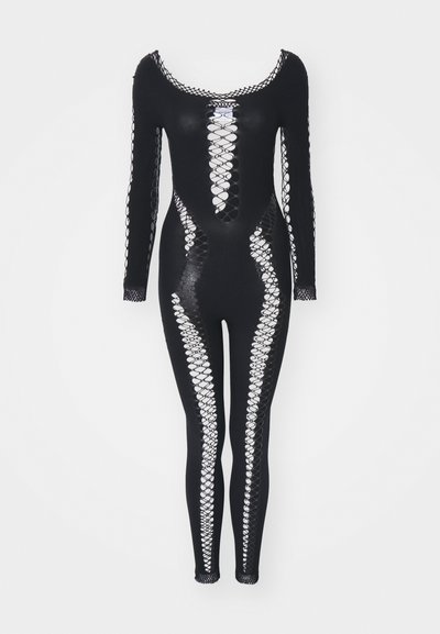Schwarzer Langarm-Bodysuit mit Cut-Out-Design und weißen Fischnetzmustern an den Seiten und am Ausschnitt. Enganliegende Form.