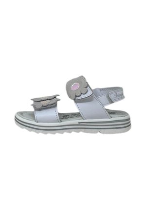 Sandalo bianco con dettagli floreali, caratterizzato da una forma rotonda e un centro rosa. Materiale sintetico, cinturino regolabile e suola texture.