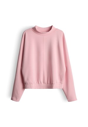 Sweatshirt rose clair en tissu lisse, avec un col montant, des manches longues et un ourlet élastique froncé à la taille.