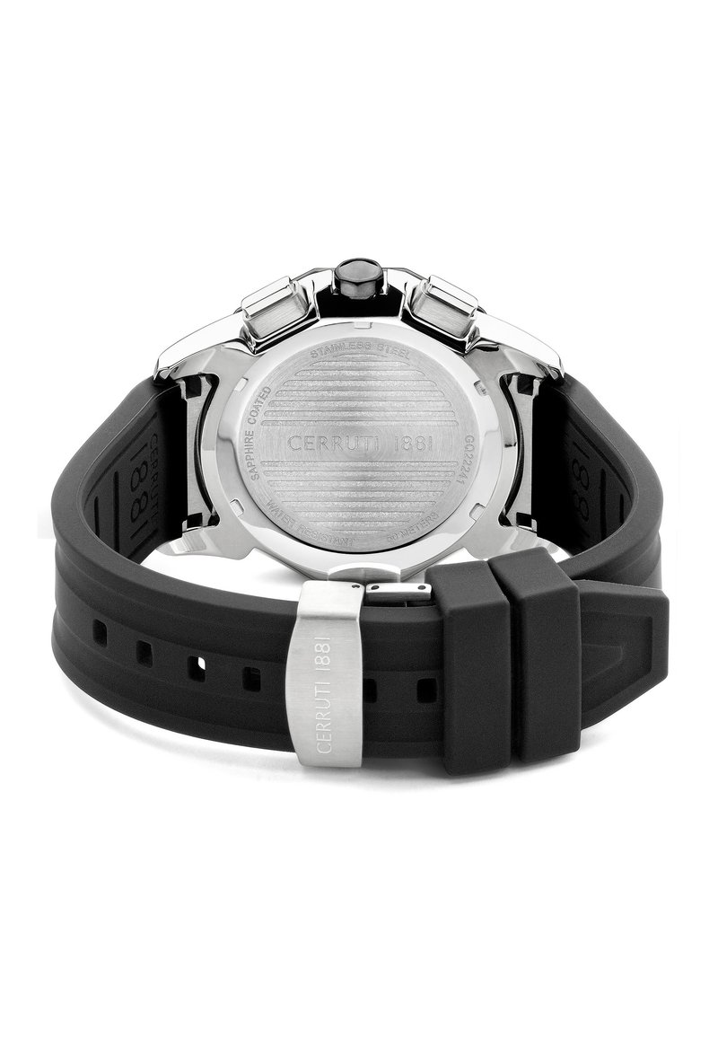 Zegarek Cerruti 1881 z obudową ze stali nierdzewnej, tyłem pokrytym szafirowym szkłem oraz czarnym paskiem z gumy z srebnym zapięciem.