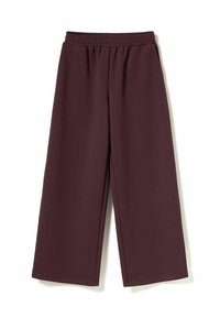 Bredde bukser i dyb burgunder, lavet af blødt stof. Har en elastisk talje og lige ben med oplagte kanter.