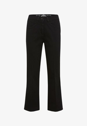 Zwarte stretch denim flared broek met een mid-rise taille, voorzien van voorzakken en stikselaccenten. Soepele textuur met een lichte glans.