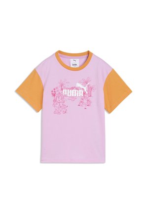 Børne-T-shirt med korte ærmer med lyse lilla krop, orange ærmer og krave, med lyserød tegneserie-Dora og PUMA-logo på fronten.