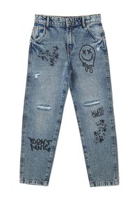 Jeans in denim leggermente blu sbiadito con stampe grafiche nere, inclusa una faccina sorridente, schizzi e il testo "NON ENTRARE IN PANICO".