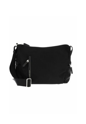 Sac messager noir en nylon à texture lisse, avec une sangle réglable, des compartiments zippés et des accents en métal argenté.