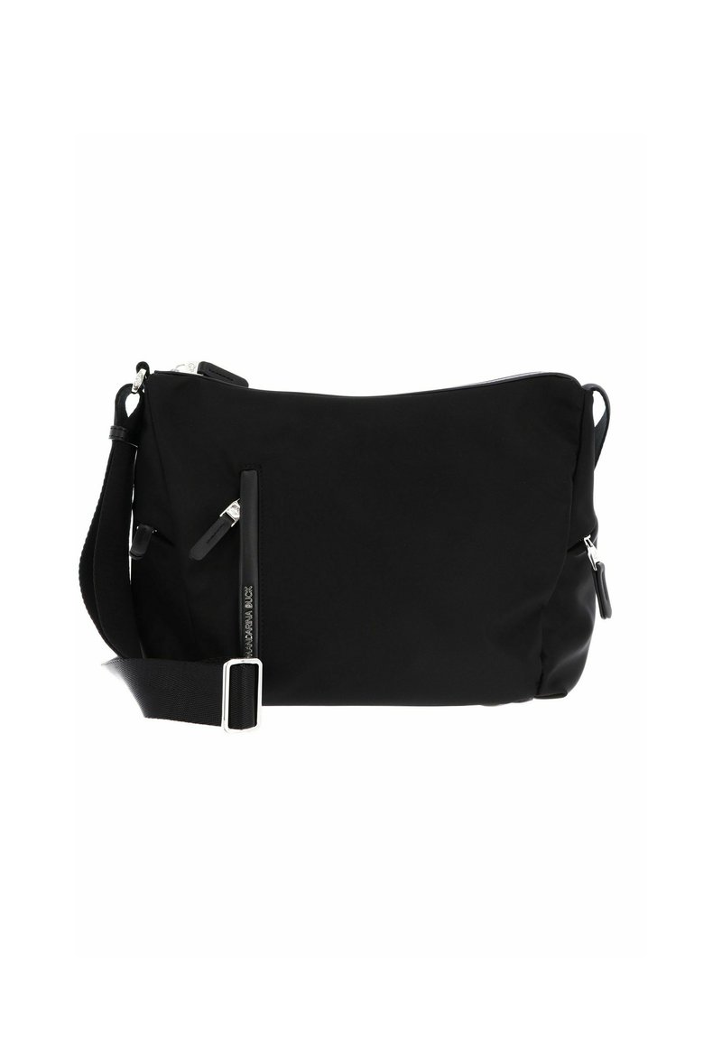 Borsa a tracolla nera in nylon con una texture liscia, tracolla regolabile, scomparti con zip e rifiniture metalliche color argento.