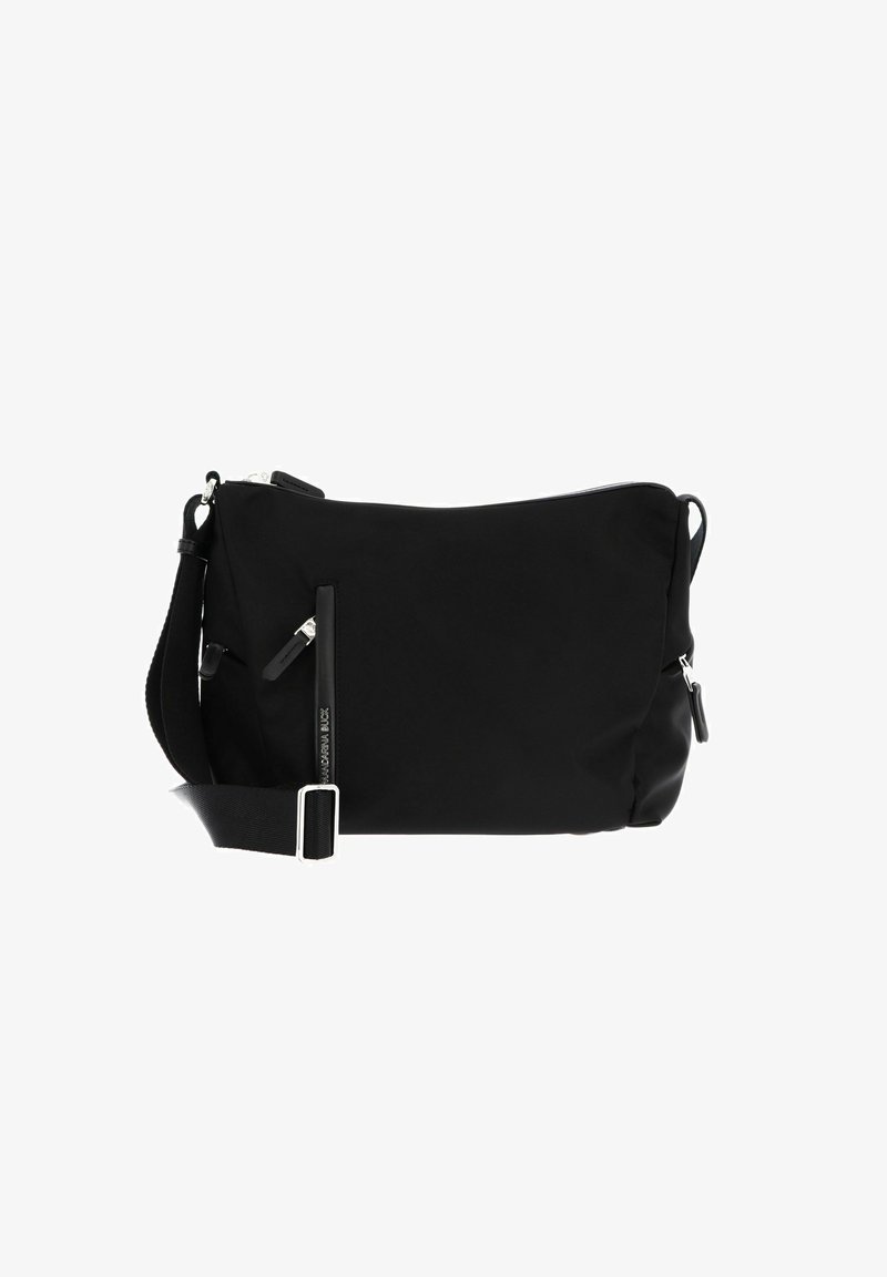 Borsa a tracolla nera in nylon con una texture liscia, tracolla regolabile, scomparti con zip e rifiniture metalliche color argento.