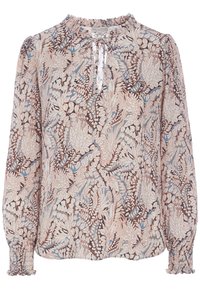 Blouse en tissu léger à imprimé floral. Présente un col rond avec des liens, des manches bouffantes, des poignets élastiques et une palette de couleurs beige, marron et bleu.