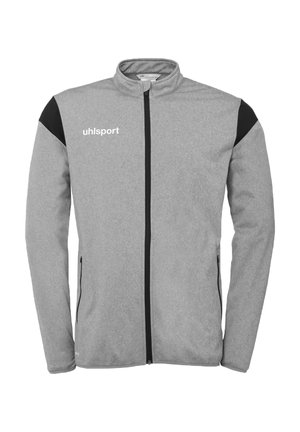 Grå fleecejakke med sorte detaljer, høj krave, fuld lynlås, logo på brystet og to sidelommer. Glat tekstur.