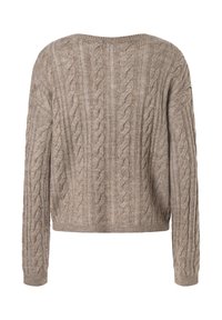Beige Kabelstrickpullover mit einem cropped Design, langen Ärmeln und strukturierten Mustern. Mit gerippten Bündchen und Saum.