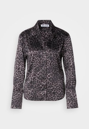 Leopard print button-up shirt in black and gray, featuring a collar, long sleeves, and a smooth, lightweight fabric. Six buttons down the front.