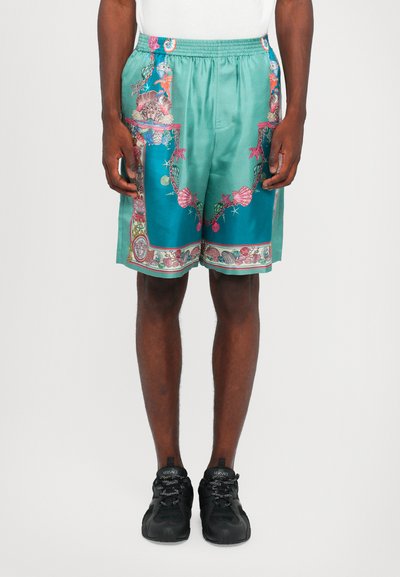 Satin teal shorts with colorful sea-themed patterns, elastic waistband, and side pockets. Accented with shells and intricate designs.