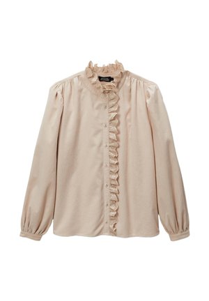 Blouse à manches longues, rose pâle, avec un col haut à volants et un devant à boutons. Présente des accents volants le long de la patte de boutonnage et des manches bouffantes.
