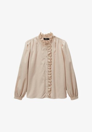 Blouse à manches longues, rose pâle, avec un col haut à volants et un devant à boutons. Présente des accents volants le long de la patte de boutonnage et des manches bouffantes.