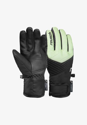 Black and light green snow gloves with leather palm, textured synthetic upper, reinforced stitching, and adjustable wrist straps.
