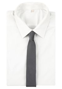 Camicia bianca con colletto e una cravatta grigia liscia. Il tessuto è semplice, senza motivi o disegni visibili.
