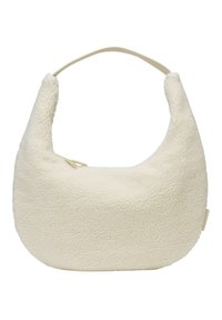 Sac à dos couleur crème en tissu texturé doux. Présente une forme incurvée et une bandoulière lisse et fine. Fermeture éclair sur le dessus.