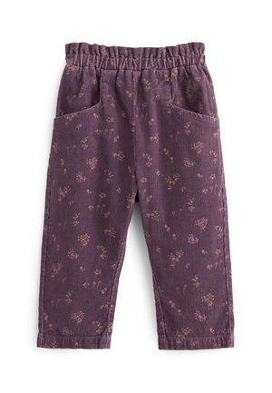 Pantalones de pana morados para niños con cintura elástica y pequeño patrón floral rosa, con bolsillos delanteros.