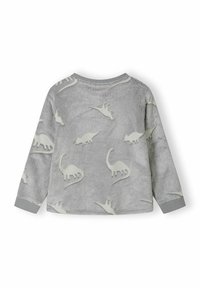 Grey long-sleeve top made of soft fabric featuring a dinosaur pattern in light grey. Finished with a rounded neckline and gray cuffs.