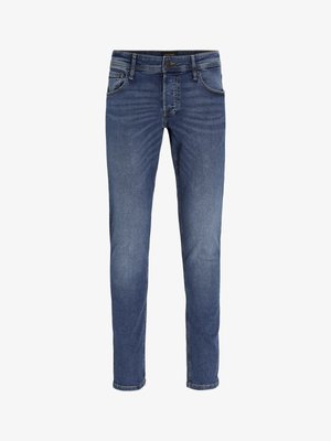 Rendszeres szabású kék farmernadrág sima textúrával, öt zsebből és gombos záródásból áll. Koptatott mosás, finom kopásos részletekkel.