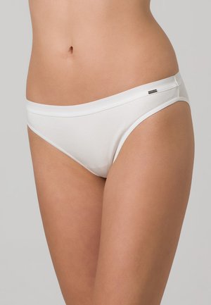 White cotton bikini briefs with a smooth texture, featuring a wide waistband and minimalistic design. Small metallic logo accent detail.