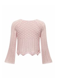 Pull en tricot rose clair avec un motif texturé, des manches évasées et un ourlet festonné. Présente un tissage aéré pour plus de respirabilité.