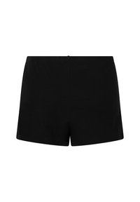Zwarte katoenen shorts met een gladde textuur, met een eenvoudig ontwerp en een middelhoge tailleband. Geen zichtbare patronen of hardware-details.