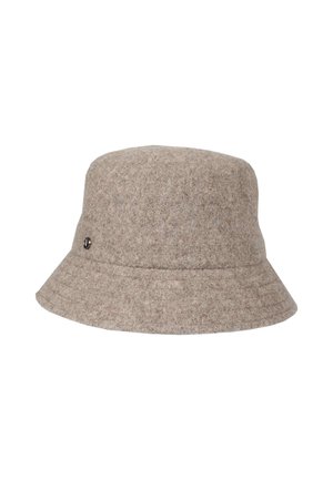 Bruine vilten bucket hat met een brede, losse rand. Heeft een subtiele textuur en een klein metallic logo-accent aan de zijkant.