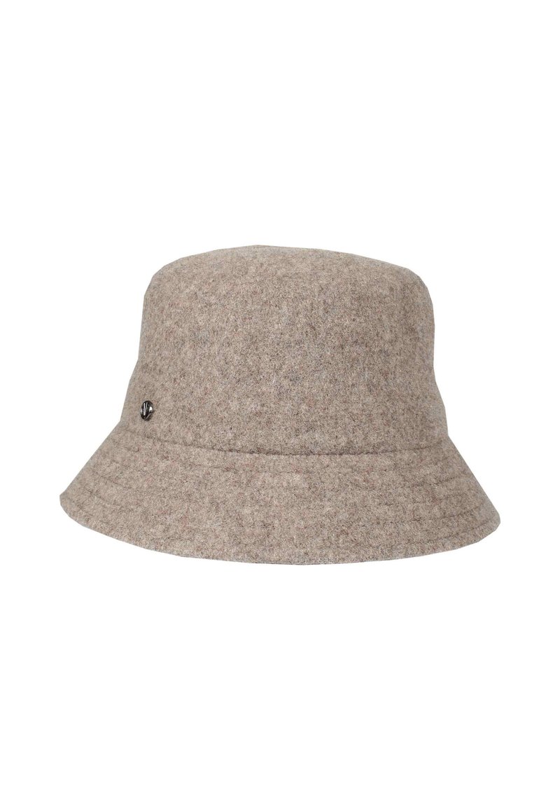 Bruine vilten bucket hat met een brede, losse rand. Heeft een subtiele textuur en een klein metallic logo-accent aan de zijkant.