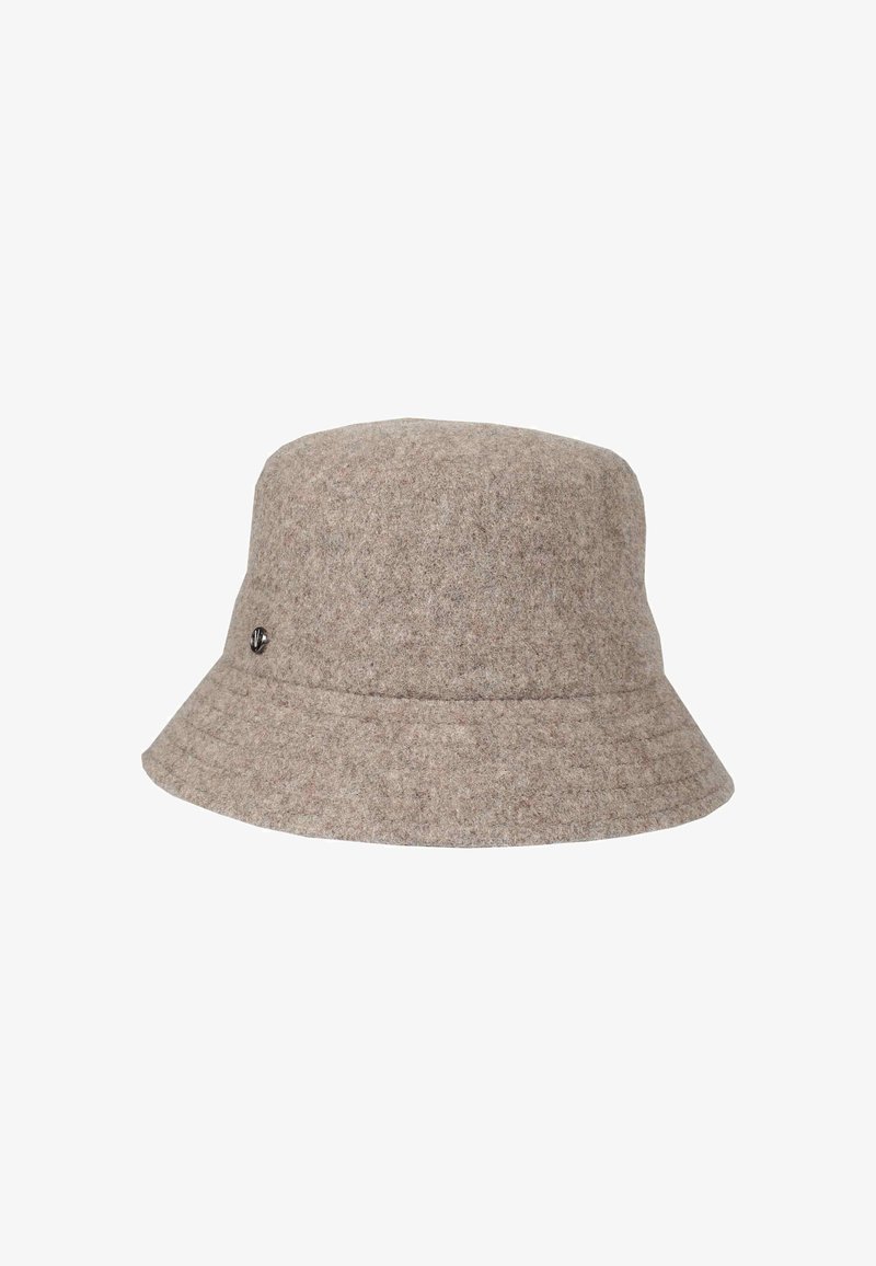 Brauner Filzhut mit breiter, lässiger Krempe. Verfügt über eine dezente Textur und ein kleines metallisches Logo-Detail an der Seite.